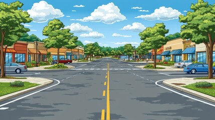 Pixelated street with shops and cars under a sunny sky offering a retro game vibe and a nostalgic journey to a simpler era