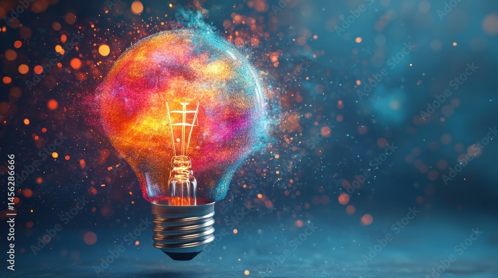 Poster vivid light bulb surrounded by colorful particles and bokeh effects in an ethereal atmosphere
