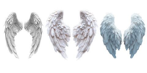 Obraz premium Angel wings, soft feathers, pure white tone represents divine presence, conveying guardian spirit within mystical fantasy atmosphere, isolated on transparent background