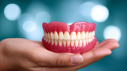Obraz premium Hand presents set of dentures showcasing teeth replacement options for a healthy smile solution.