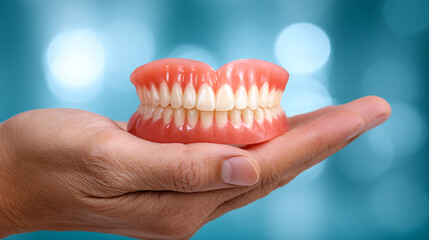 A hand presents a set of dentures with artificial teeth against a blurred teal background view.