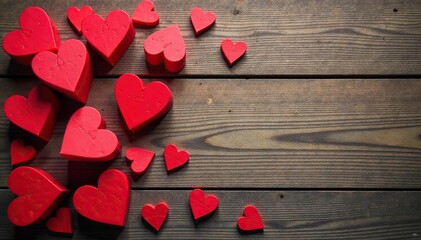 Scattered red hearts on wooden surface, rustic style , surface, love, vintage