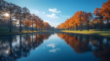 Obraz premium Beautiful fall landscape with a lake reflecting the trees and blue sky on a sunny day.