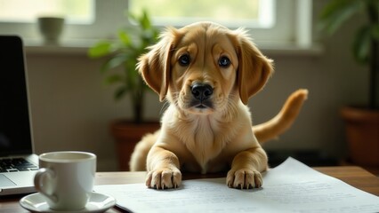 Golden Retriever Puppy At Work Desk