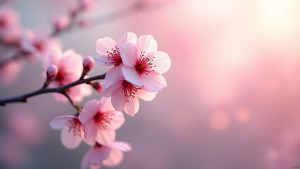 Obraz premium Delicate pink cherry blossoms on a branch in spring; artistic, soft, and bright