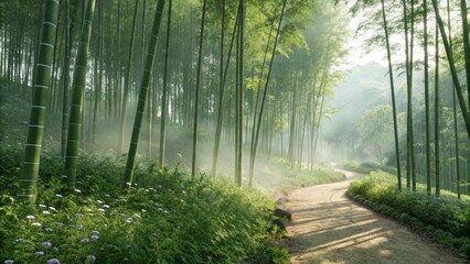 Fototapeta premium Misty Bamboo Forest Path Landscape Photography, Winding Trail, Sunbeams, Lush Greenery Bamboo Forest, Landscape Photography