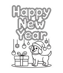 Fototapeta premium Baby dog with christmas hat celebrating happy new year with gift boxes black line art vector illustration for coloring book design