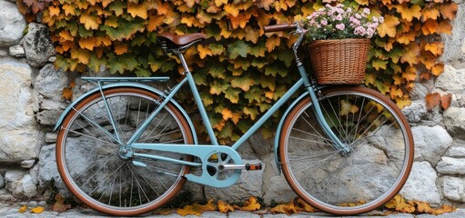 Autumnal Bicycle Scene: A Pastel Blue Bicycle Leans Against a Stone Wall Adorned with Vibrant Autumn Leaves, Carrying a Basket of Flowers.