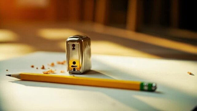 Sharpened yellow pencil resting beside metal sharpener on white paper Bright