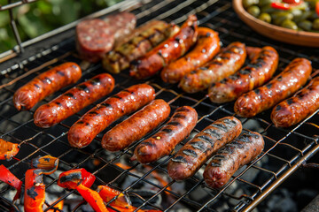 Sizzling sausages grilling on an open flame barbecue with smoke and char marks, surrounded by summer greenery.