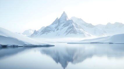 Scenic snow covered mountains reflecting in lake, winter landscape, Antarctica, cold, remote, scenic