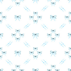 Seamless pattern on diamond mesh with delicate blue gift bows hand drawing. Fashion hair braiding accessory. Cotton fabric pattern for sewing, patchwork, printed fabric, textile fabrics