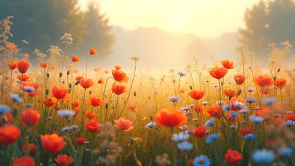 Obraz premium Golden Field of Poppies and Wildflowers at Sunrise in a Beautiful Landscape