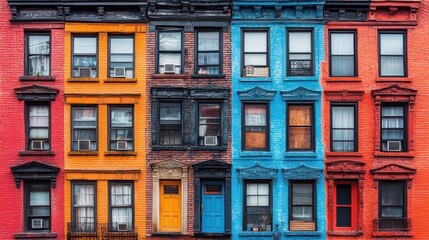 Fototapeta premium Vibrant facades showcase historic brownstones with striking color palettes in urban architecture captivating cityscape building exterior