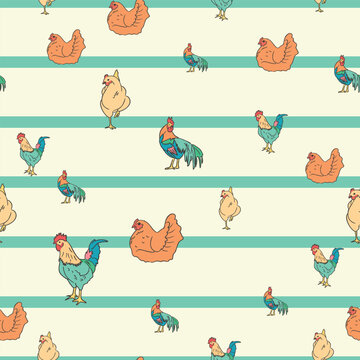 Whimsical Chicken and Rooster Vector Seamless Pattern for Farm Inspired Projects