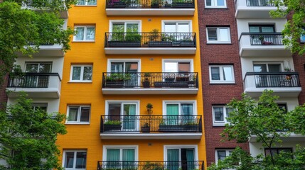 Obraz premium Vibrant urban architecture facade featuring yellow painted walls and brick accents with lush green trees providing a natural frame