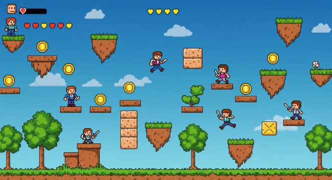 Pixel Art Platformer Game Illustration with Characters, Coins and Fantasy Nature Background