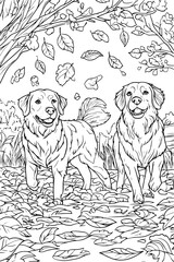 Playful Pets Chasing Falling Leaves, coloring book style, vector design