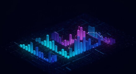 Fototapeta premium Futuristic 3D Data Visualization – Abstract Digital Bar Chart with Neon Gradient on Dark Background