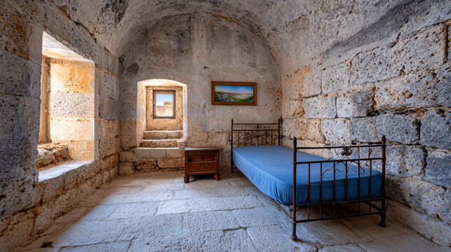 Inside view of an ancient stone bedroom featu a bed, window and art in a castle interior.