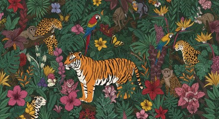 Obraz premium Vibrant Maximalist Jungle Illustration with Exotic Animals and Lush Foliage