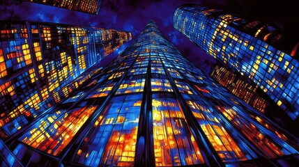 Abstract night cityscape with sparkling lights urban exploration perspective from below skyscraper financial district modern architecture view