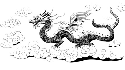 Fototapeta premium Serpentine Dragon Winding Through Clouds, vector design