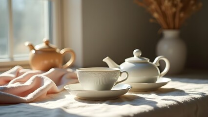 Fototapeta premium Elegant porcelain tea service with teacup, teapot, and vase arrangement on a linen tablecloth