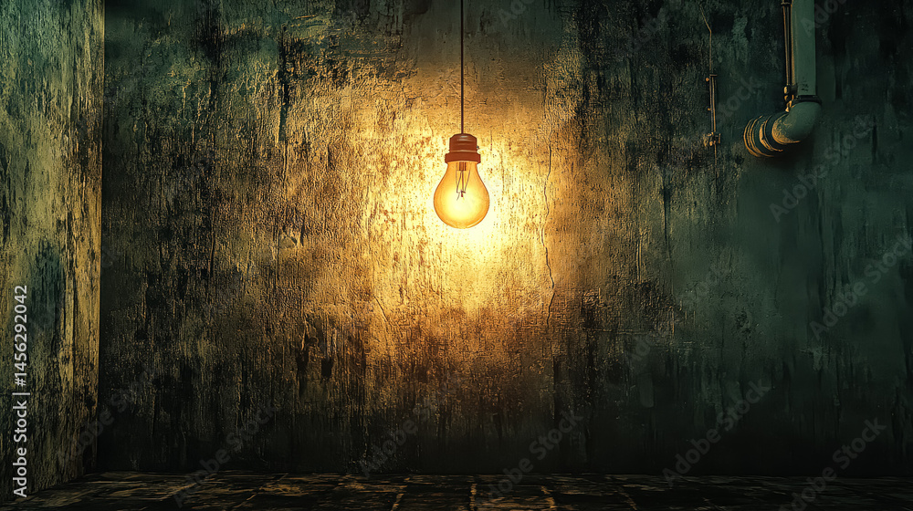 Poster light bulb is hanging from the ceiling. the room is dark and the light is the only source of illumin