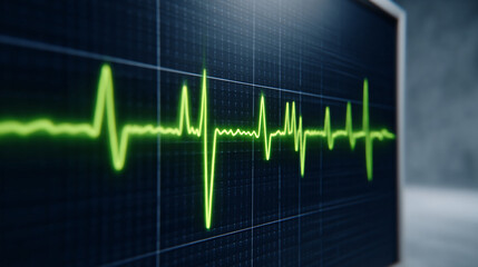 A vibrant green electrocardiogram line pulsates across a dark digital screen in a medical setting.