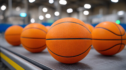Several orange basketballs proceed along a conveyor belt in a manufactu or processing facility.