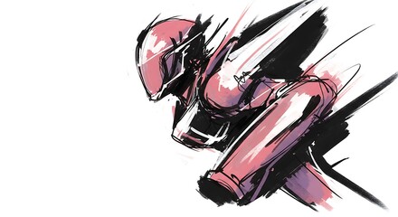 Fototapeta premium black and white minimalist sketch, dynamic abstract position with bold primary colors and textured brushstrokes, robot on the left with pastel tones, clear copy space on the right