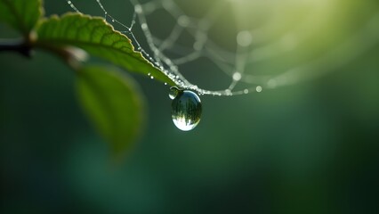 Morning Dew on Spiderweb with a Leaf: Capturing Nature's Detail (98 characters)