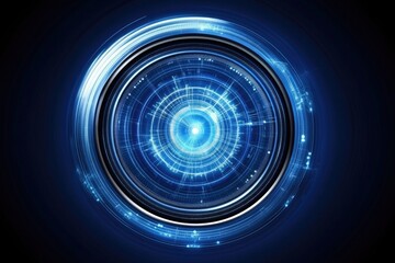 Circular digital interface, glowing blue, futuristic lens  Complex concentric rings, intricate patterns