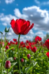 Obraz premium Close-Up of a Red Tulip Blooming in a Sunny Field with Blue Sky and Clouds 