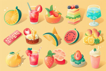 Colorful illustration of various tropical fruits and drinks, including watermelon, banana, and cocktails, on a beige background.