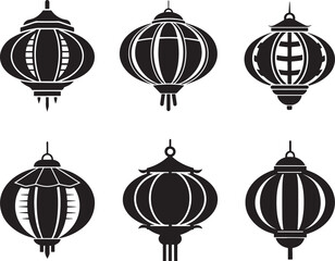 set of lunar new year lantern silhouette, black and white silhouette, vector and illustration