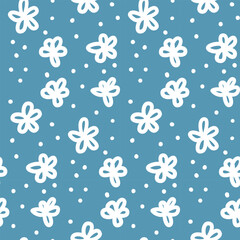 Simple doodle seamless pattern of flowers and dots, in gray-blue and white. Textile design, background