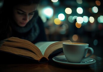 Obraz premium Cozy Evening with Book and Coffee in a Warm Cafe Setting Featuring Soft Bokeh Lights in the Background