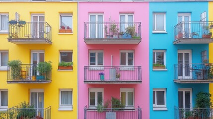 Vibrant facade of colorful european buildings creating a joyful architectural statement, modern urban living with balconies and windows