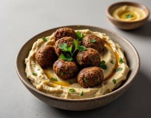 Freshly Baked Falafel Served on Creamy Hummus in a Bowl