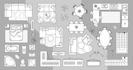 Set of linear icons. Interior top view. Vector Illustration. © 4zevar