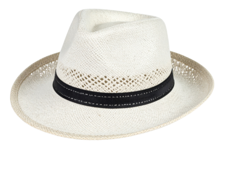 Stylish white straw hat with black band, ideal for summer fashion and outdoor events. - Powered by Adobe
