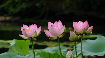 Fototapeta premium Elegant Pink Lotus Flowers Blooming in Pond Serenity Nature