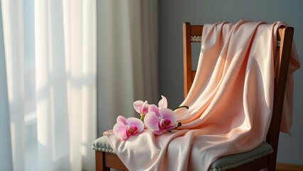 Elegant pink orchids with silk drape on chair under soft window light.