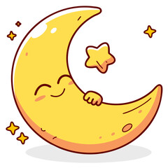 Happy cute crescent moon and star, doodle cartoon character, kawaii isolated clean and simple children vector illustration, Eid Mubarak