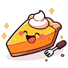 Happy cheerful slice of cake with cream and fork, backed single pie slice, cheesecake, doodle cartoon character, kawaii isolated cute clean and simple vector illustration