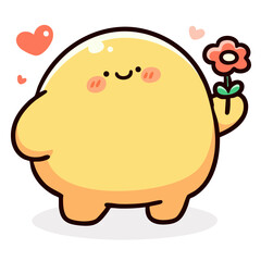 Cute shy blushing blob character holding flower, romantic sweet love gift, doodle cartoon, kawaii isolated clean and simple vector illustration