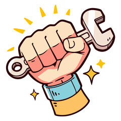 Hand holding wrench, mechanic maintenance repair service, auto fix car garage, doodle isolated cute clean and simple cartoon vector illustration
