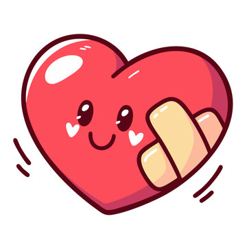 Happy cute smiling heart in love, wounded loving heart healing fixed with band aid path tape, doodle cartoon character, kawaii isolated cute clean and simple vector illustration